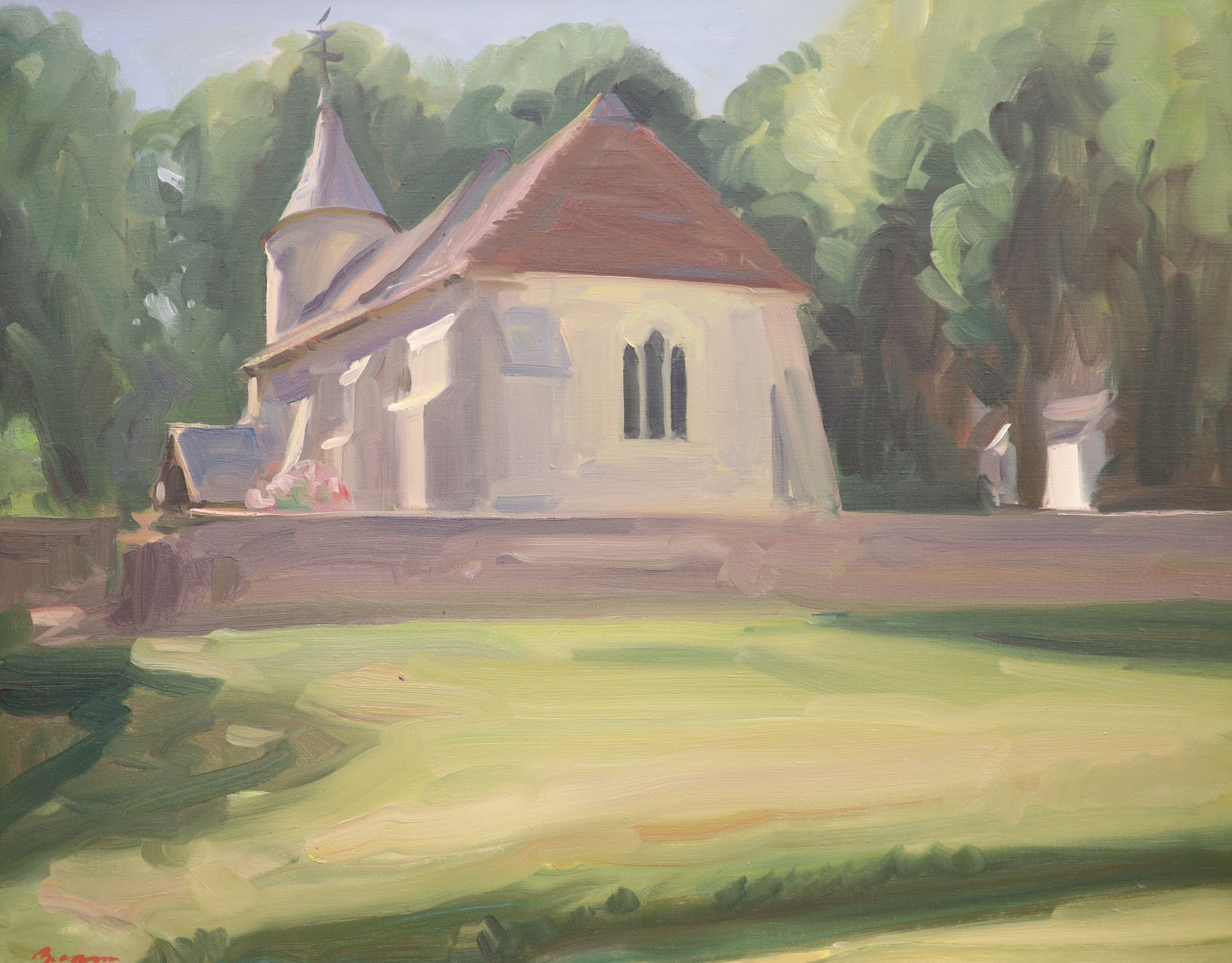 Antony Bream (1943-), oil on canvas, Southease church, signed, 55 x 70cm